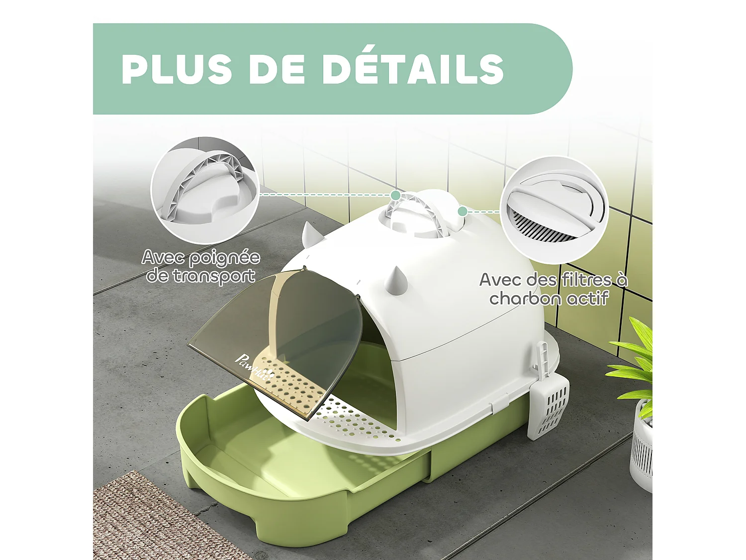 Maison de toilette chat design - porte fumée, pelle, 2 sacs désodorisation, tiroir litière coulissant, poignée - blanc vert