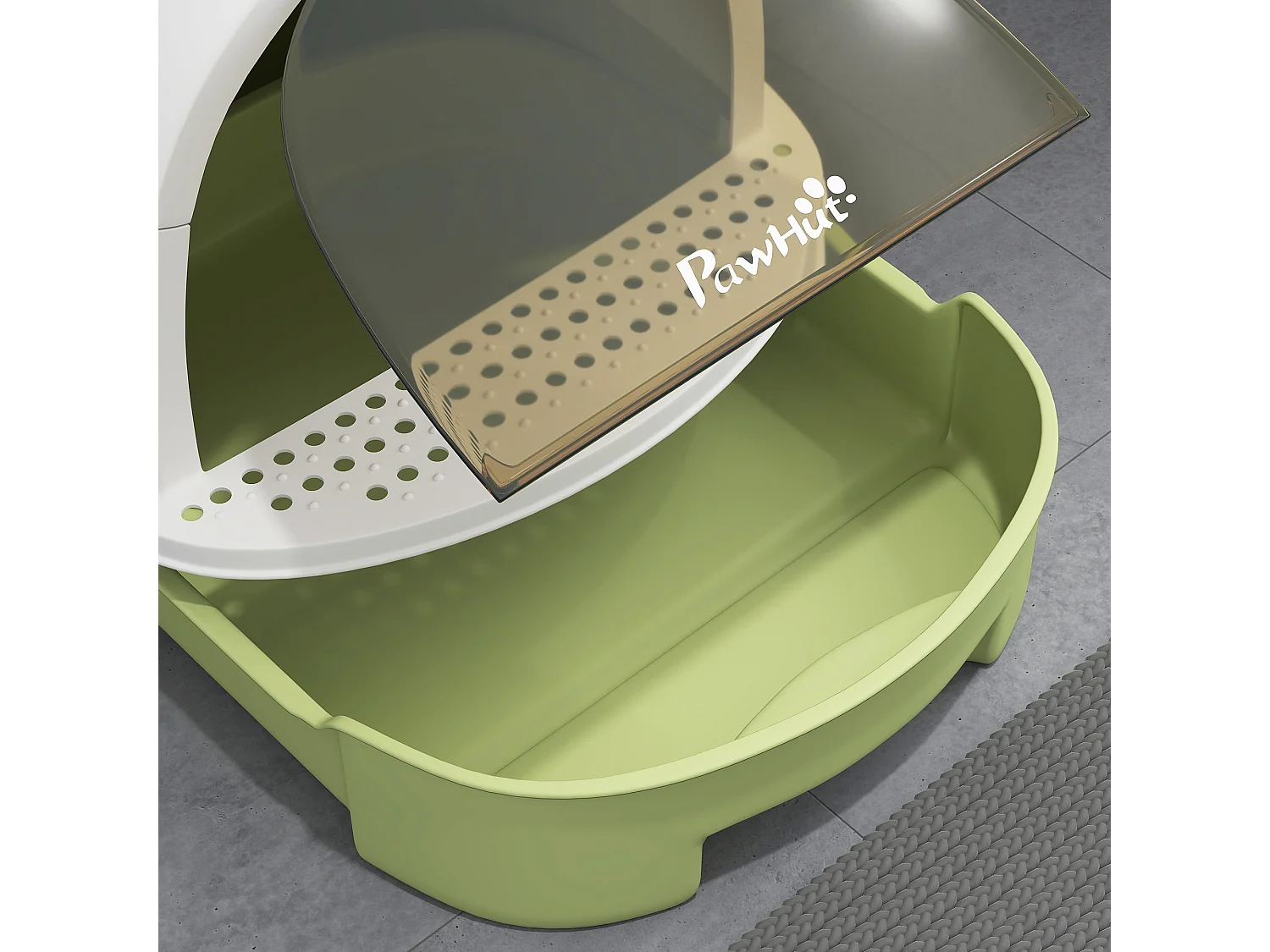 Maison de toilette chat design - porte fumée, pelle, 2 sacs désodorisation, tiroir litière coulissant, poignée - blanc vert