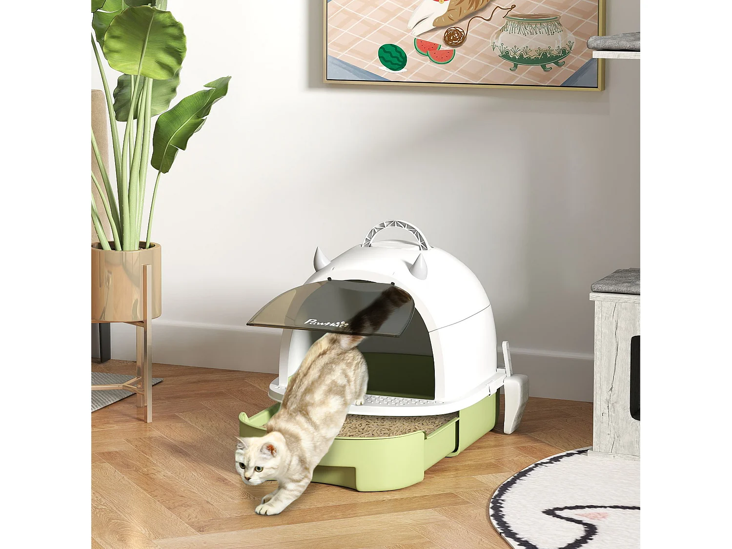 Maison de toilette chat design - porte fumée, pelle, 2 sacs désodorisation, tiroir litière coulissant, poignée - blanc vert