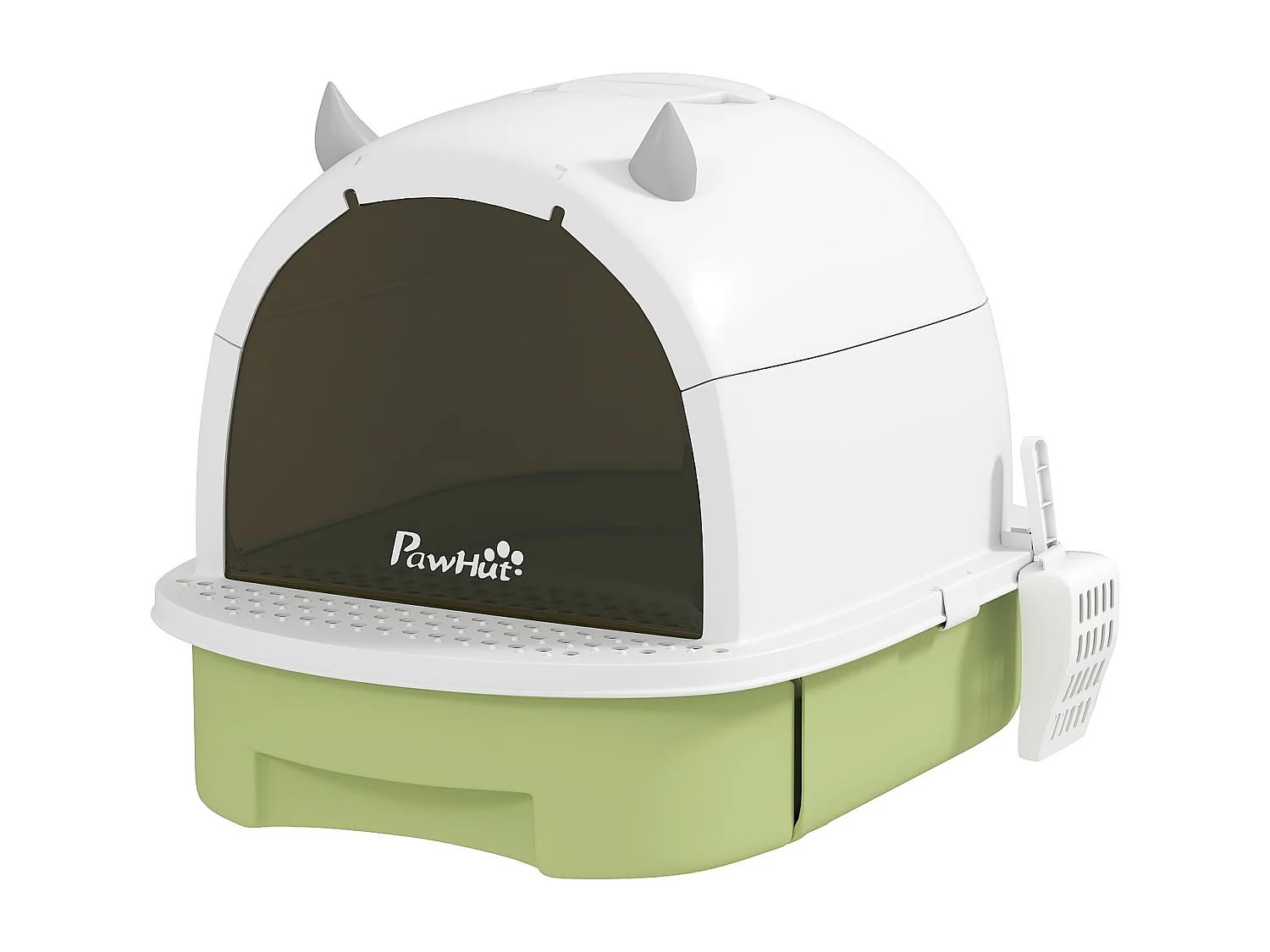 Maison de toilette chat design - porte fumée, pelle, 2 sacs désodorisation, tiroir litière coulissant, poignée - blanc vert