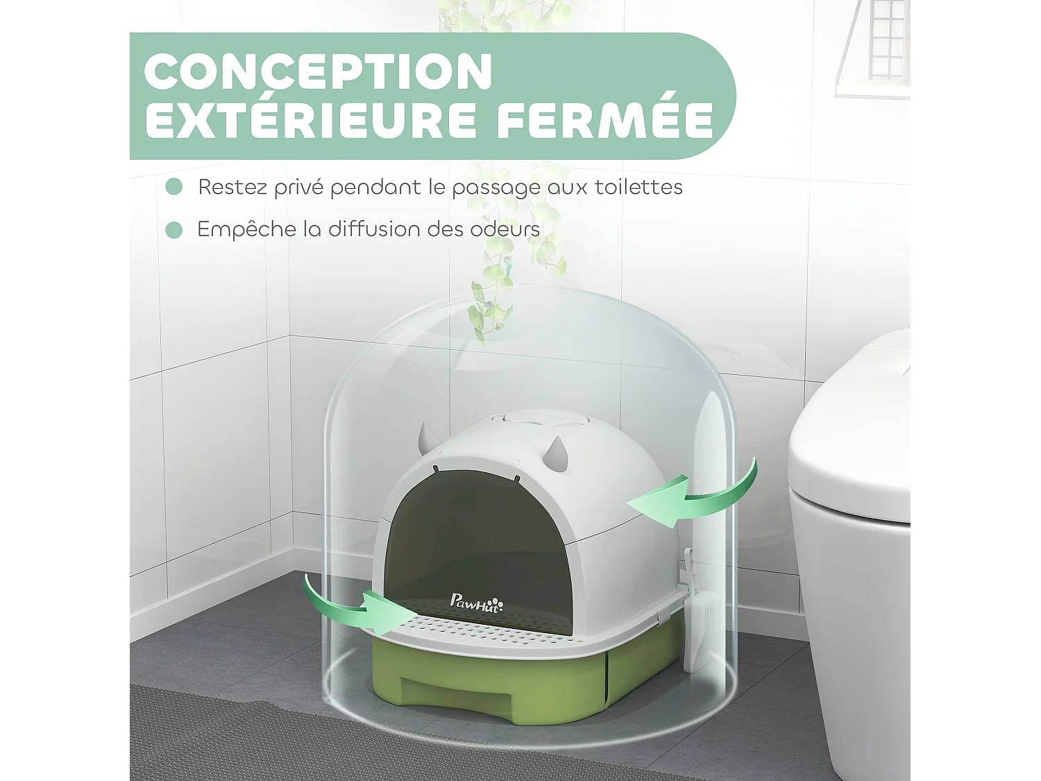 Maison de toilette chat design - porte fumée, pelle, 2 sacs désodorisation, tiroir litière coulissant, poignée - blanc vert