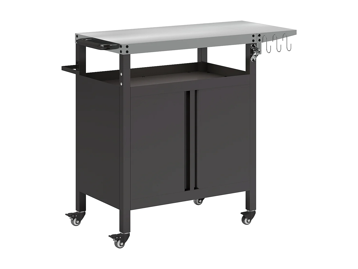 Desserte de jardin desserte plancha barbecue - 2 portes, tablette pliable, 3 crochets - acier noir acier inox