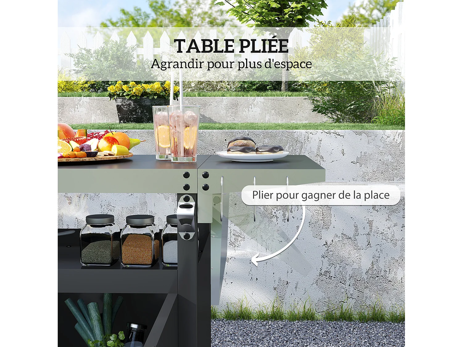 Desserte de jardin desserte plancha barbecue - 2 portes, tablette pliable, 3 crochets - acier noir acier inox