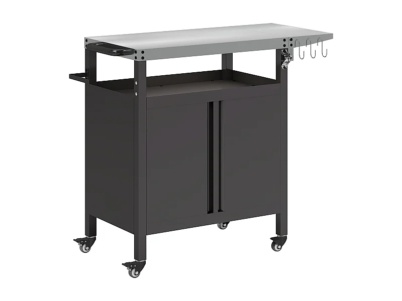 Desserte de jardin desserte plancha barbecue - 2 portes, tablette pliable, 3 crochets - acier noir acier inox