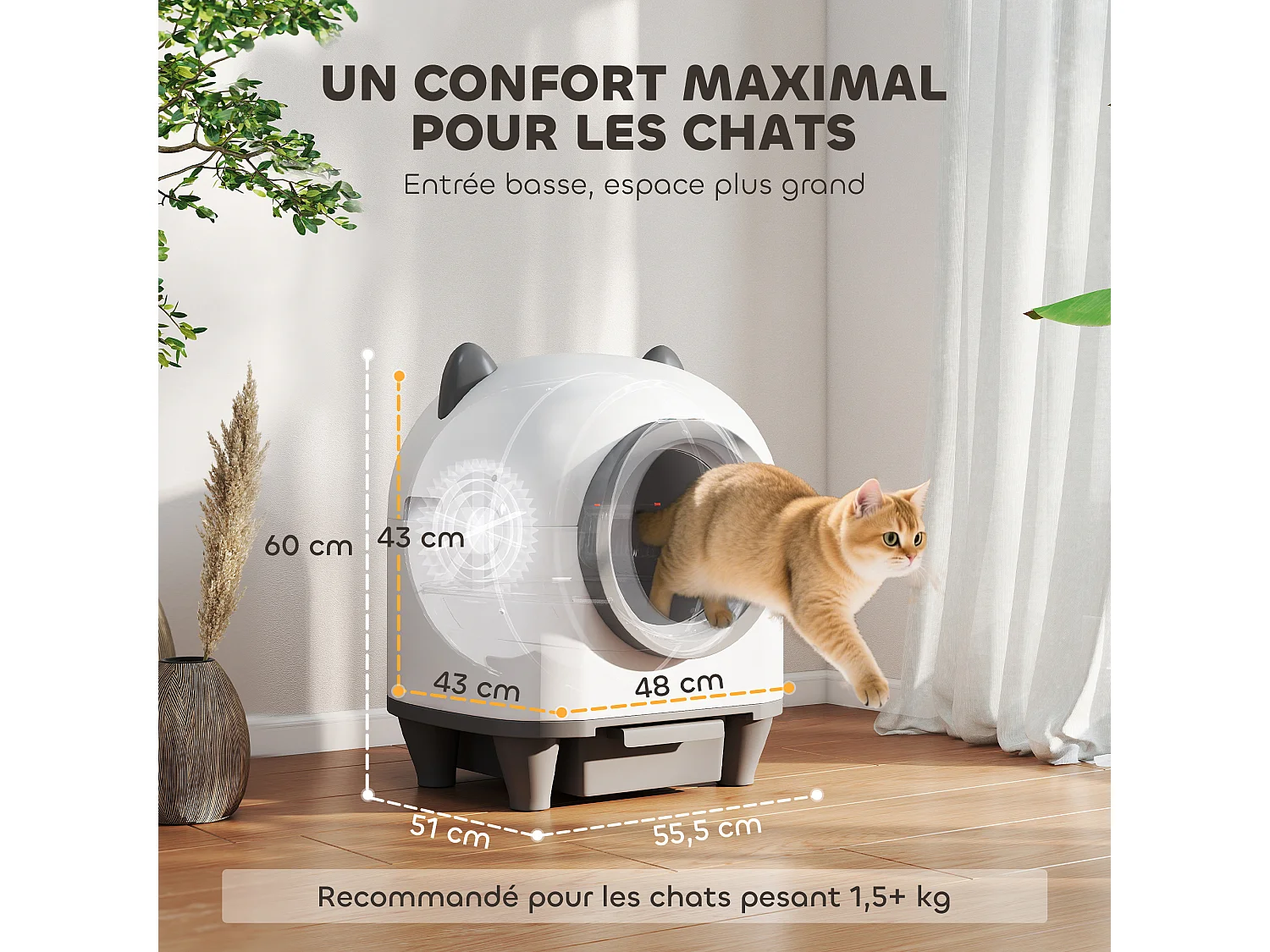 Bac à litière autonettoyante pour chat - maison de toilette autonettoyante - 80L - blanc gris