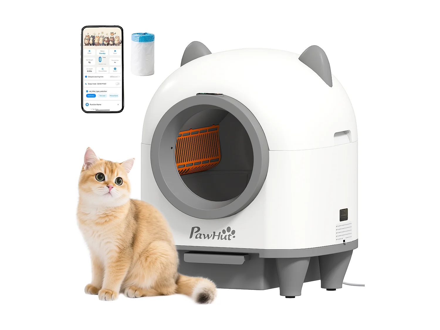 Bac à litière autonettoyante pour chat - maison de toilette autonettoyante - 80L - blanc gris