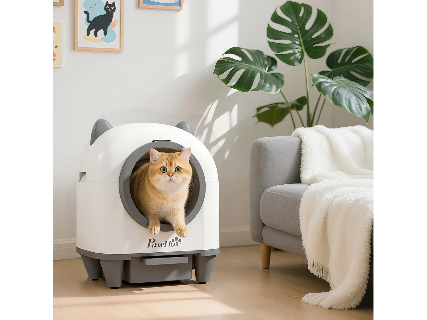 Bac à litière autonettoyante pour chat - maison de toilette autonettoyante - 80L - blanc gris