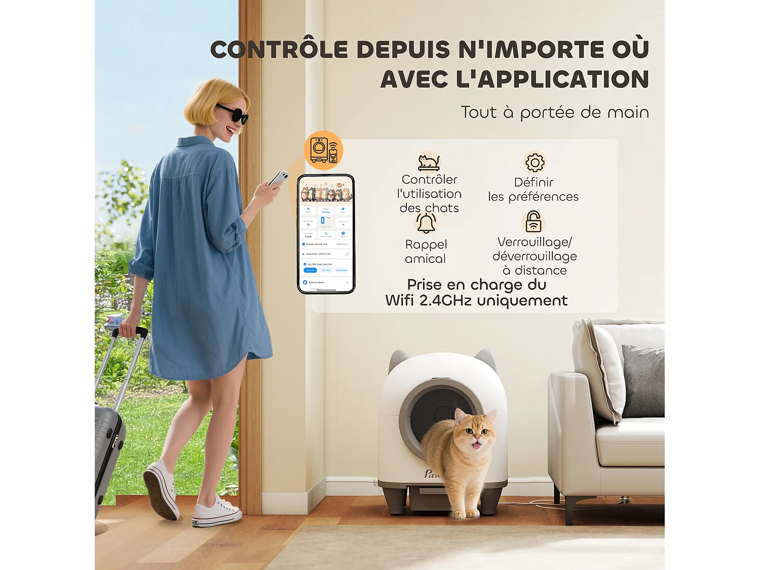 Bac à litière autonettoyante pour chat - maison de toilette autonettoyante - 80L - blanc gris