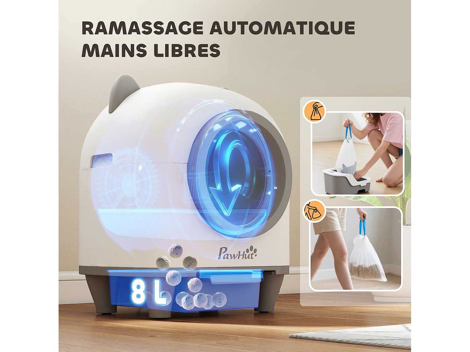 Bac à litière autonettoyante pour chat - maison de toilette autonettoyante - 80L - blanc gris