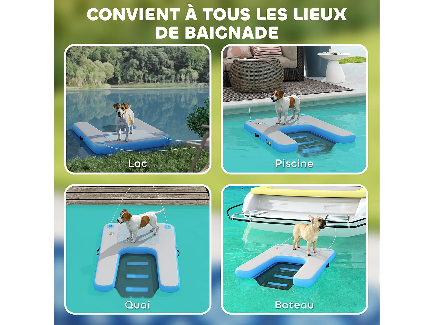 Rampe pour chien - rampe d'eau flottante gonflable pour chien - échelle flottante pour bateaux - surface antidérapante bleu gris