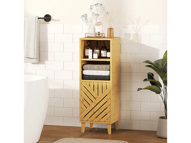 Meuble de Salle de Bain HOMCOM en Bambou Verni avec Compartiments Ouverts et Fermés, Effet Bois Naturel - Compact et Élégant