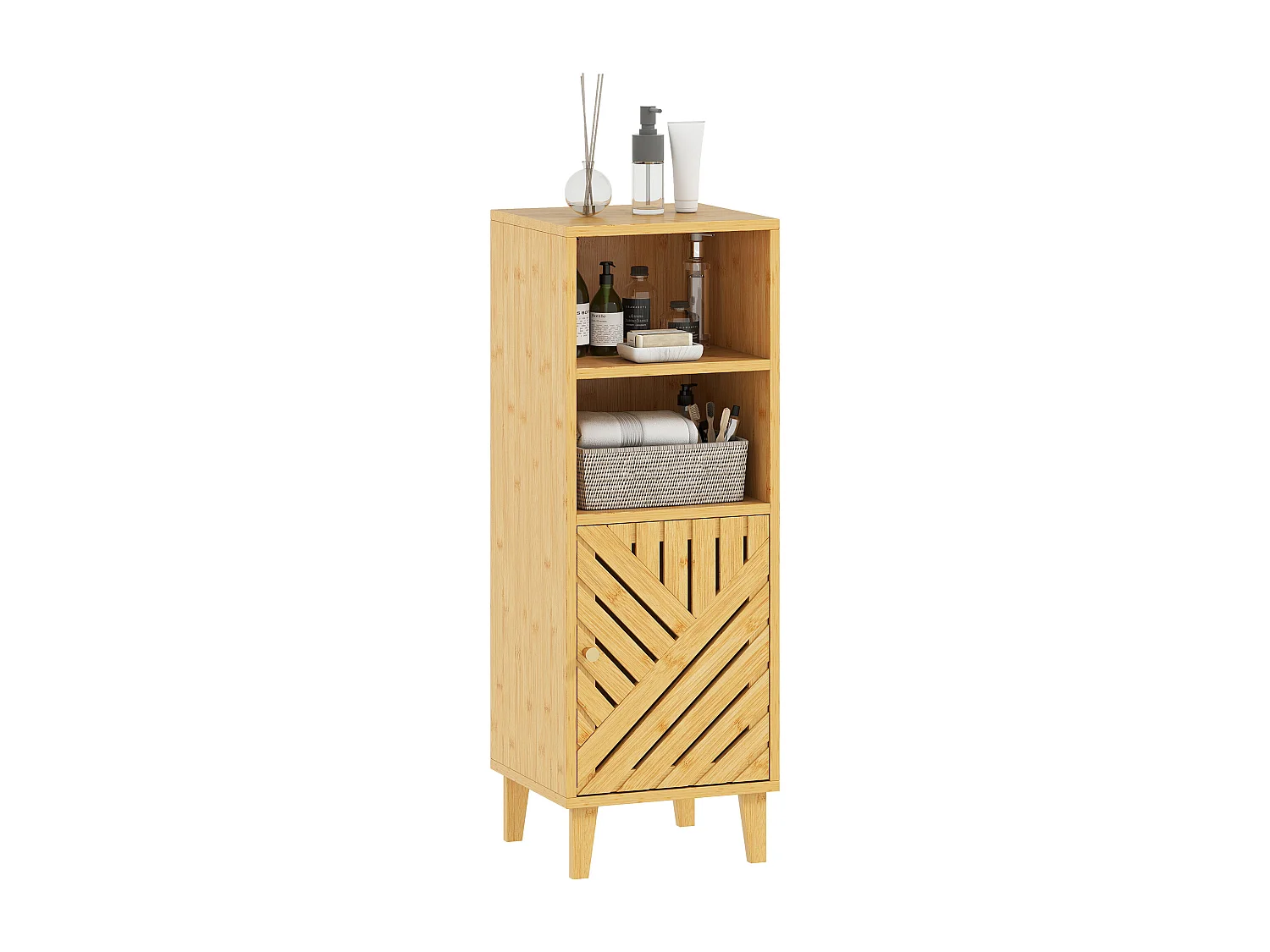 Meuble de Salle de Bain HOMCOM en Bambou Verni avec Compartiments Ouverts et Fermés, Effet Bois Naturel - Compact et Élégant