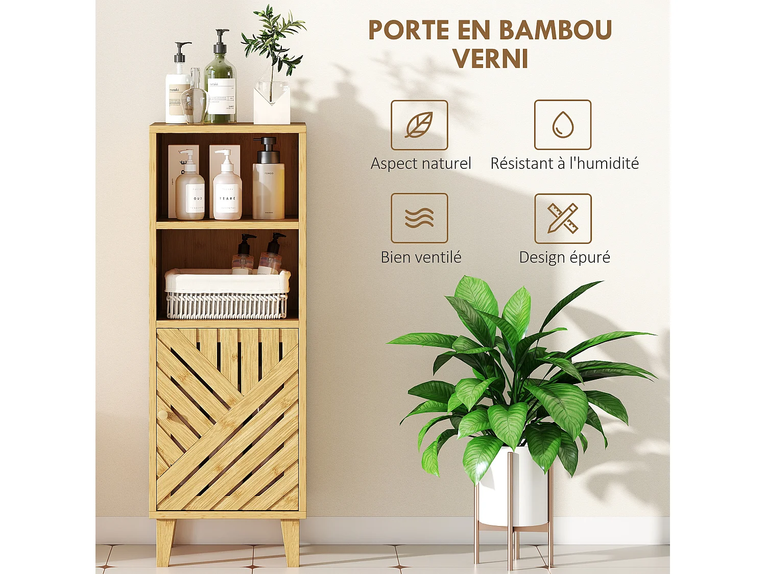 Meuble de Salle de Bain HOMCOM en Bambou Verni avec Compartiments Ouverts et Fermés, Effet Bois Naturel - Compact et Élégant