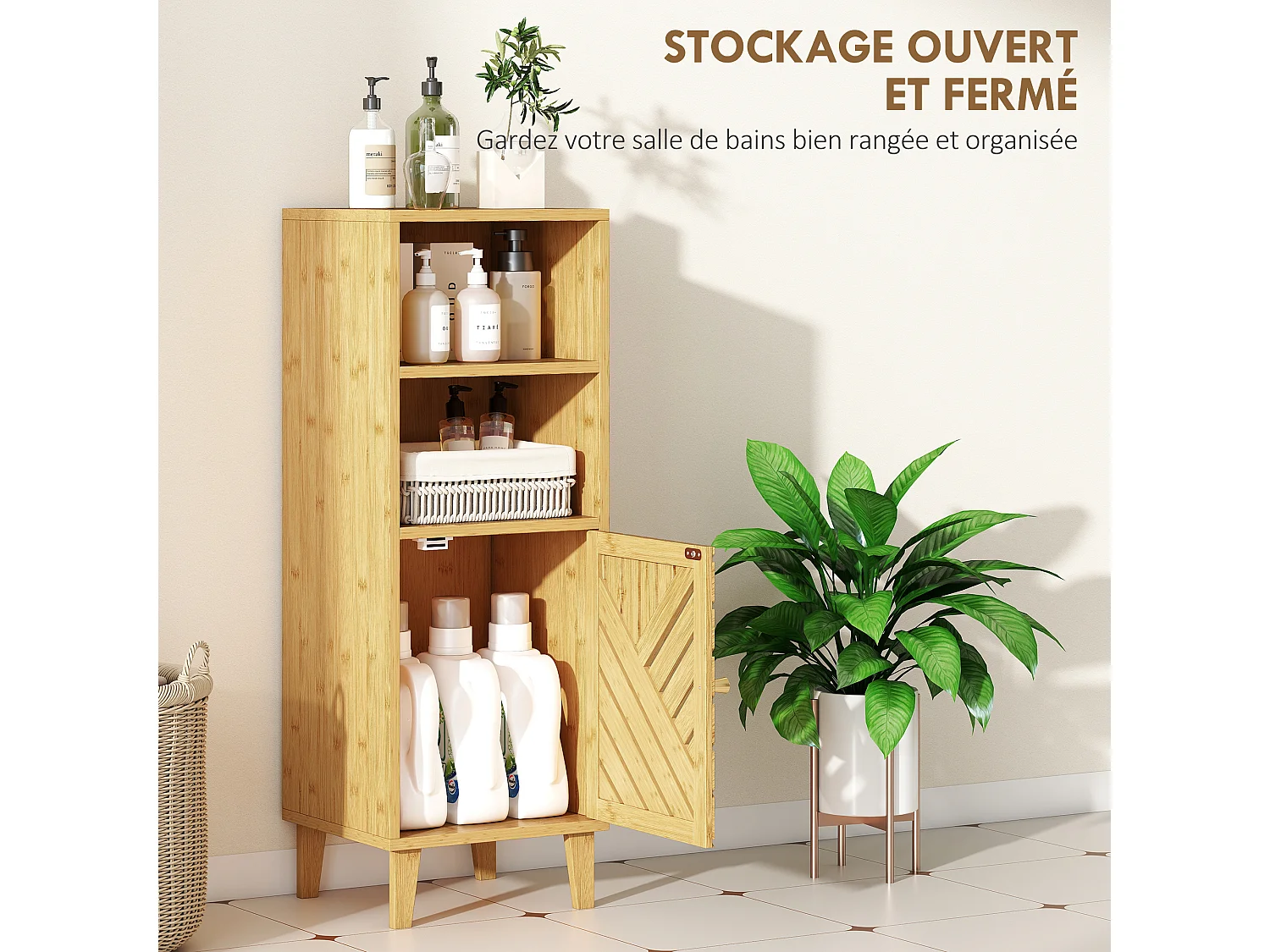 Meuble de Salle de Bain HOMCOM en Bambou Verni avec Compartiments Ouverts et Fermés, Effet Bois Naturel - Compact et Élégant