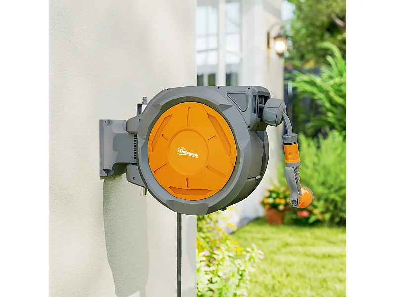 Dévidoir mural enrouleur automatique pivotant 180° tuyau 30+2m avec pistolet arrosage support mural intégré orange gris