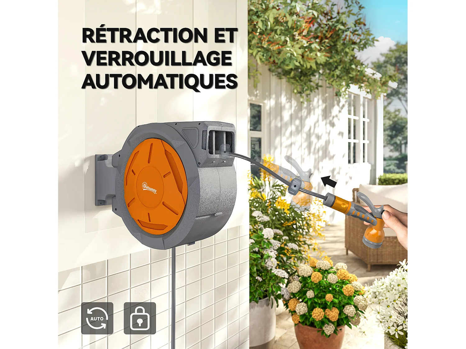 Dévidoir mural enrouleur automatique pivotant 180° tuyau 30+2m avec pistolet arrosage support mural intégré orange gris