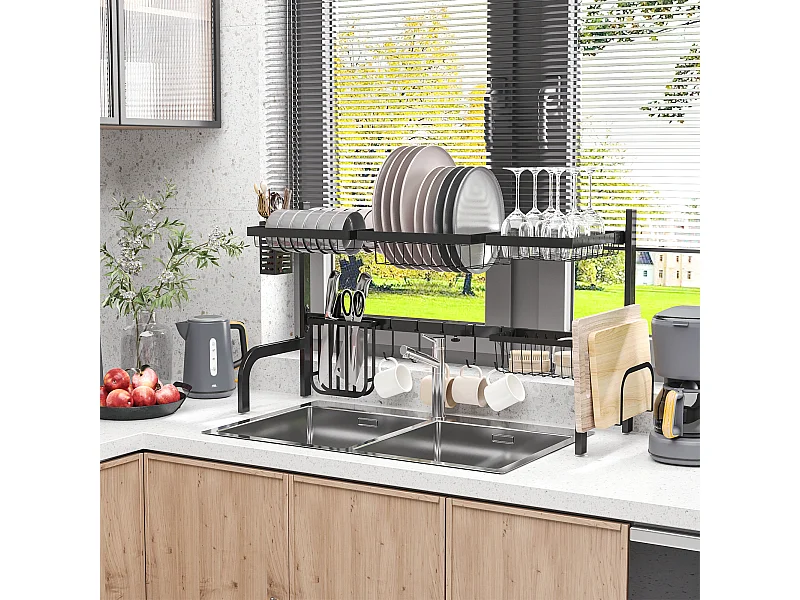 Égouttoir à vaiselle réglable - organiseur d'évier - 8 espaces de séchage - pieds ventouses - acier époxy noir