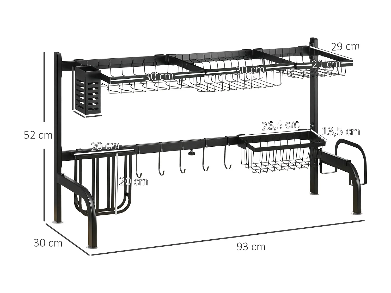 Égouttoir à vaiselle réglable - organiseur d'évier - 8 espaces de séchage - pieds ventouses - acier époxy noir