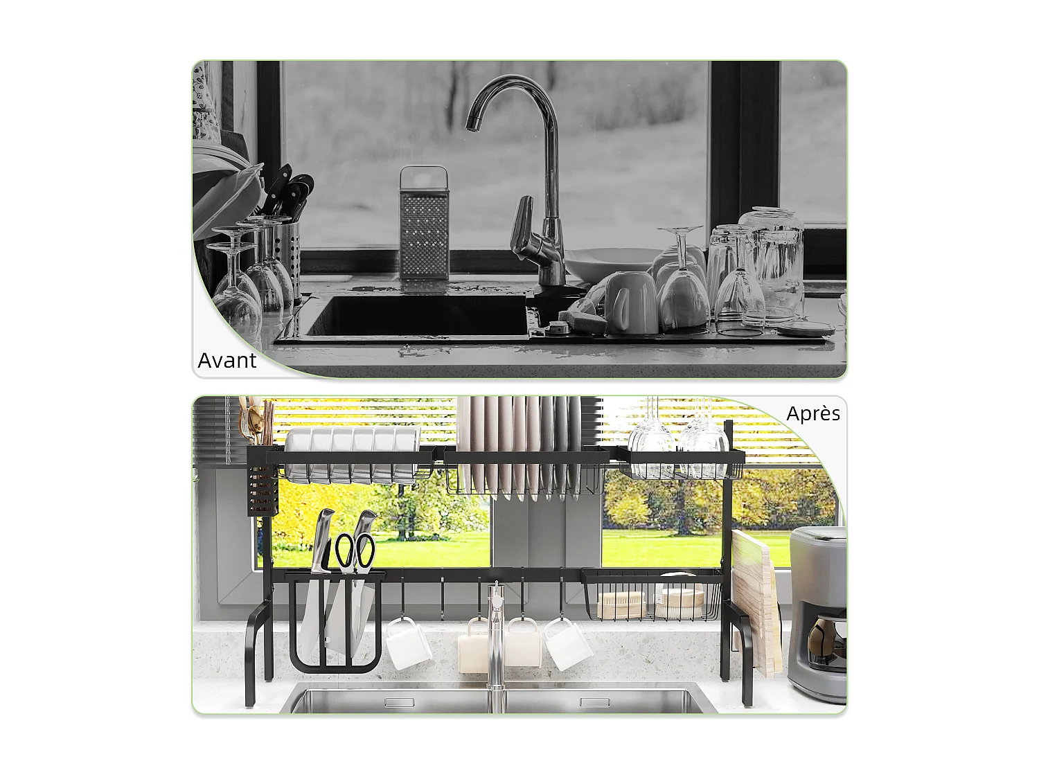 Égouttoir à vaiselle réglable - organiseur d'évier - 8 espaces de séchage - pieds ventouses - acier époxy noir