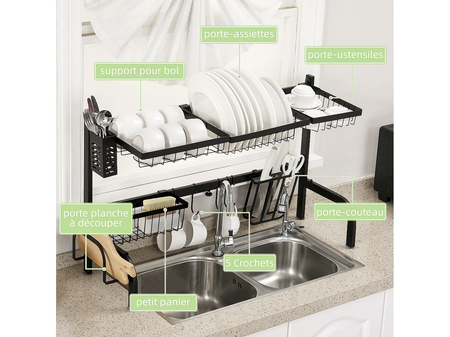 Égouttoir à vaiselle réglable - organiseur d'évier - 8 espaces de séchage - pieds ventouses - acier époxy noir