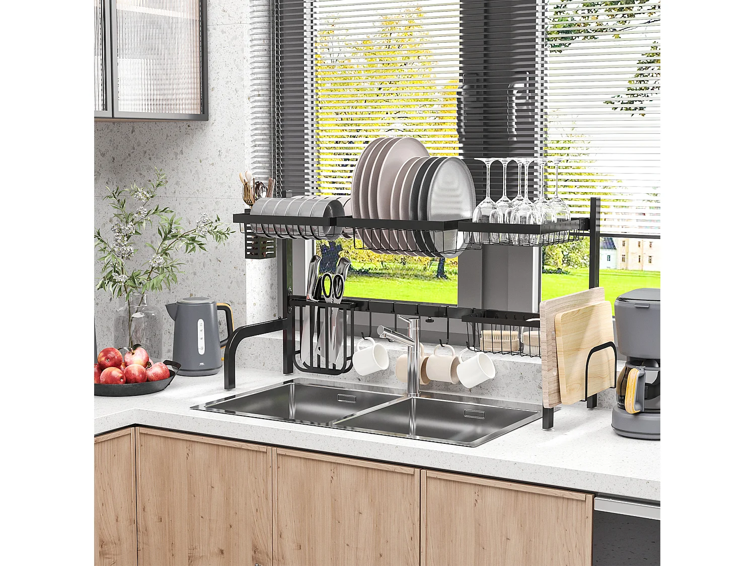 Égouttoir à vaiselle réglable - organiseur d'évier - 8 espaces de séchage - pieds ventouses - acier époxy noir
