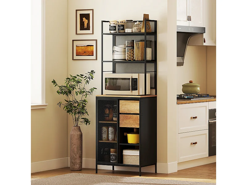 Buffet Haut Cuisine HOMCOM avec Porte Coulissante en Maille, Meuble de Rangement Industriel 60x40x180cm Bois Naturel et Noir