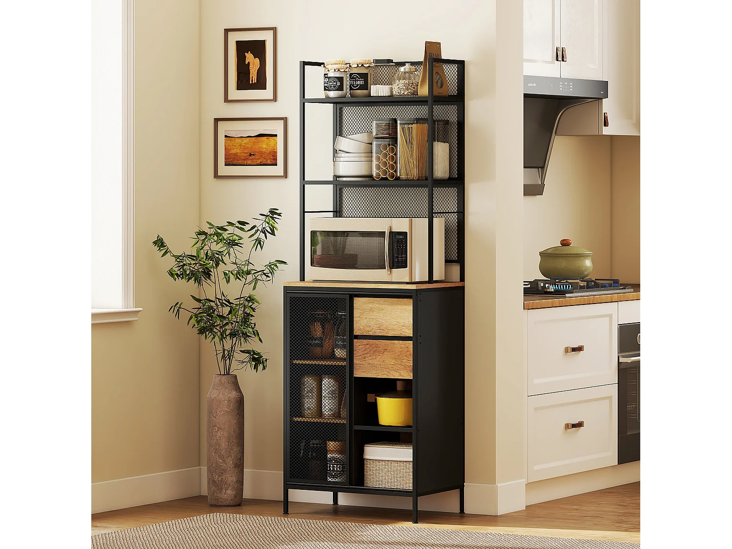 Buffet Haut Cuisine HOMCOM avec Porte Coulissante en Maille, Meuble de Rangement Industriel 60x40x180cm Bois Naturel et Noir