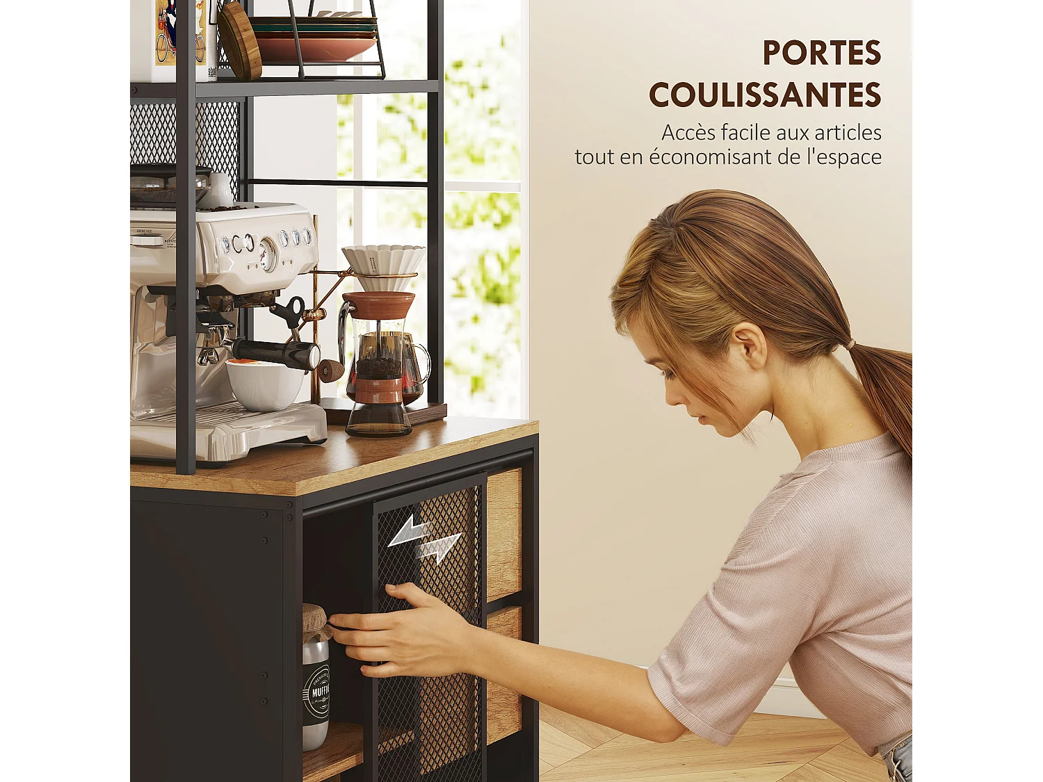 Buffet Haut Cuisine HOMCOM avec Porte Coulissante en Maille, Meuble de Rangement Industriel 60x40x180cm Bois Naturel et Noir