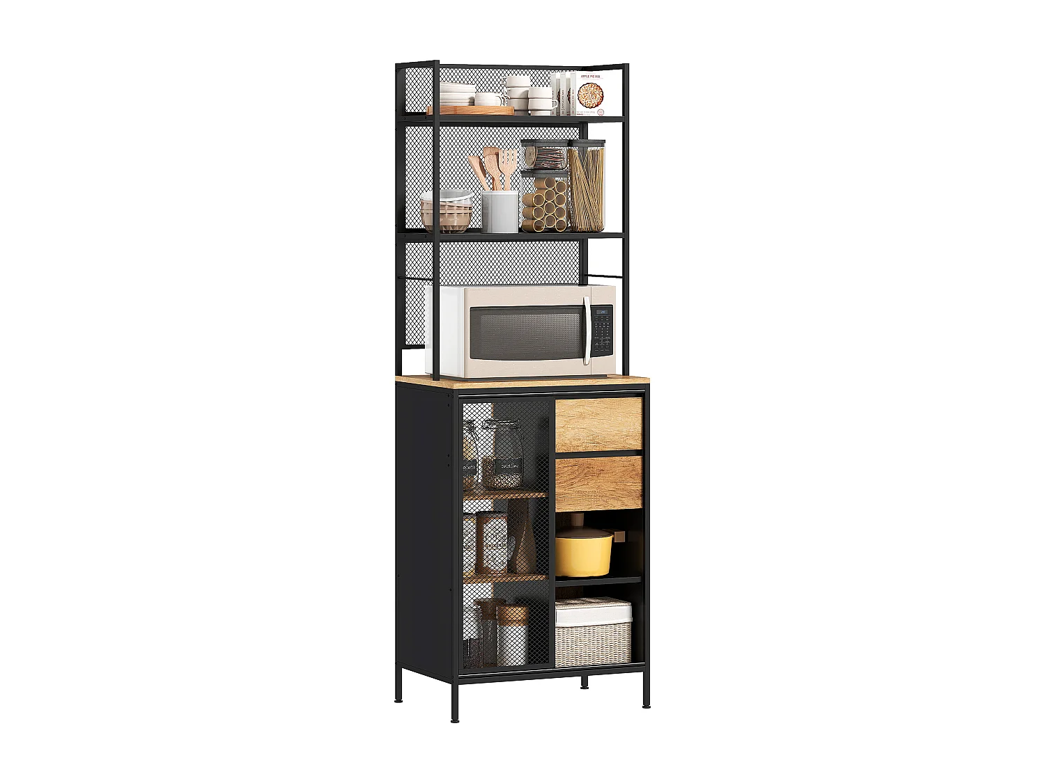 Buffet Haut Cuisine HOMCOM avec Porte Coulissante en Maille, Meuble de Rangement Industriel 60x40x180cm Bois Naturel et Noir