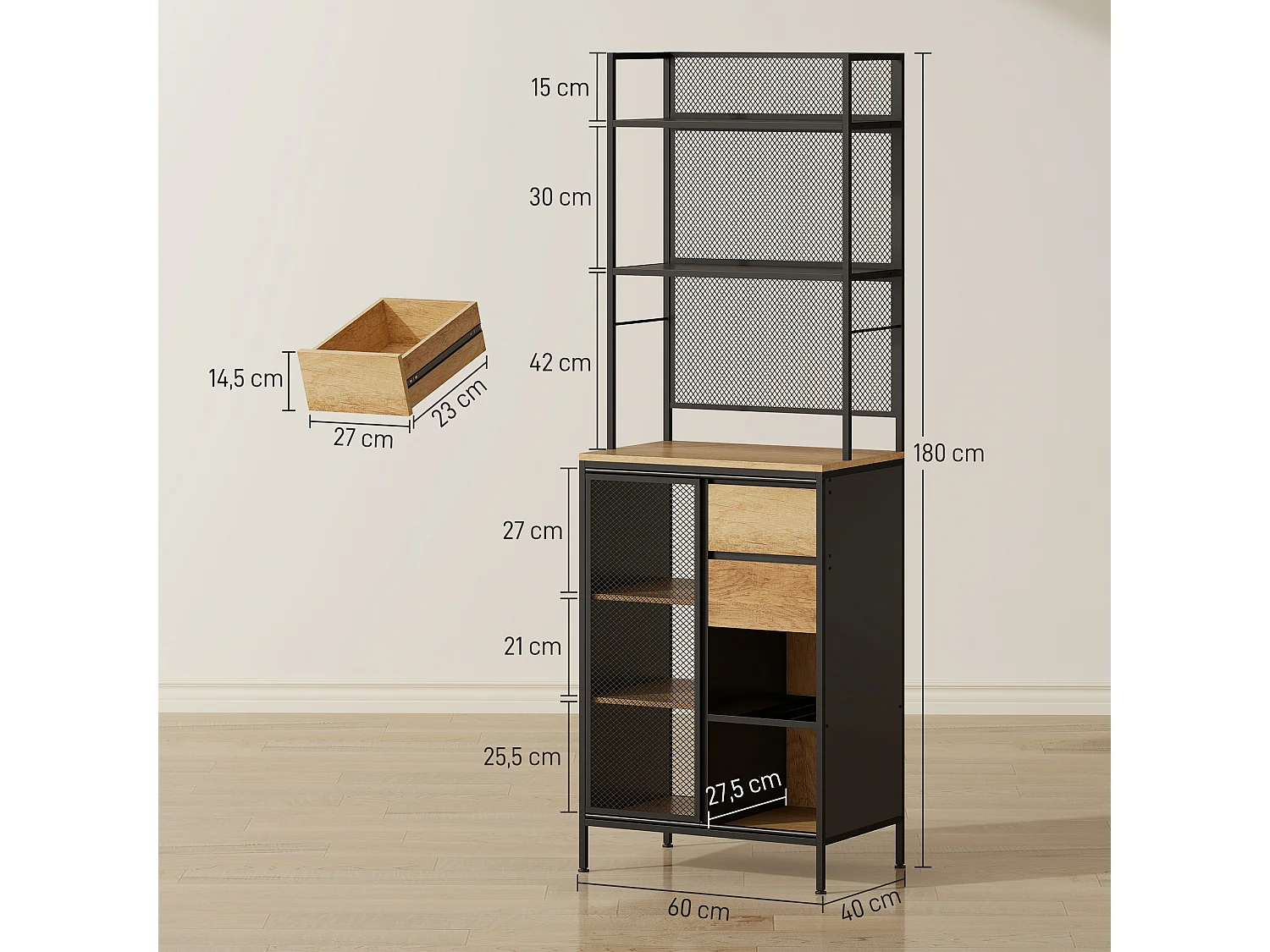 Buffet Haut Cuisine HOMCOM avec Porte Coulissante en Maille, Meuble de Rangement Industriel 60x40x180cm Bois Naturel et Noir