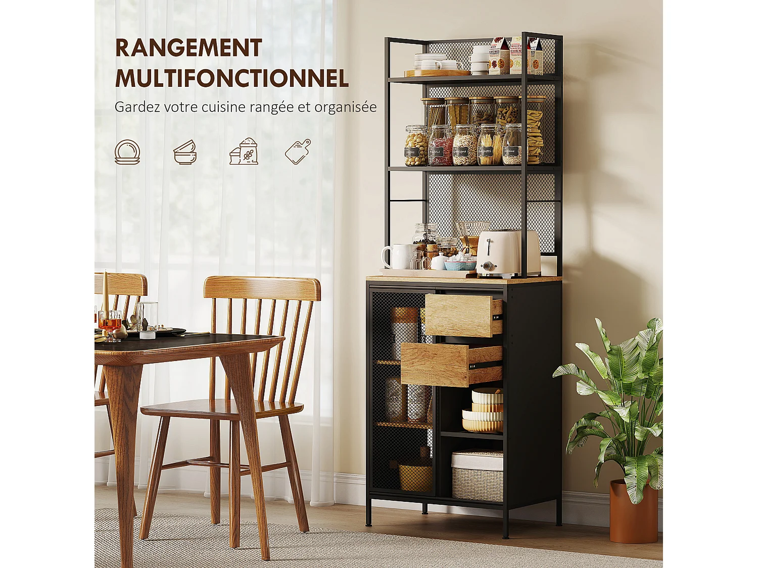 Buffet Haut Cuisine HOMCOM avec Porte Coulissante en Maille, Meuble de Rangement Industriel 60x40x180cm Bois Naturel et Noir