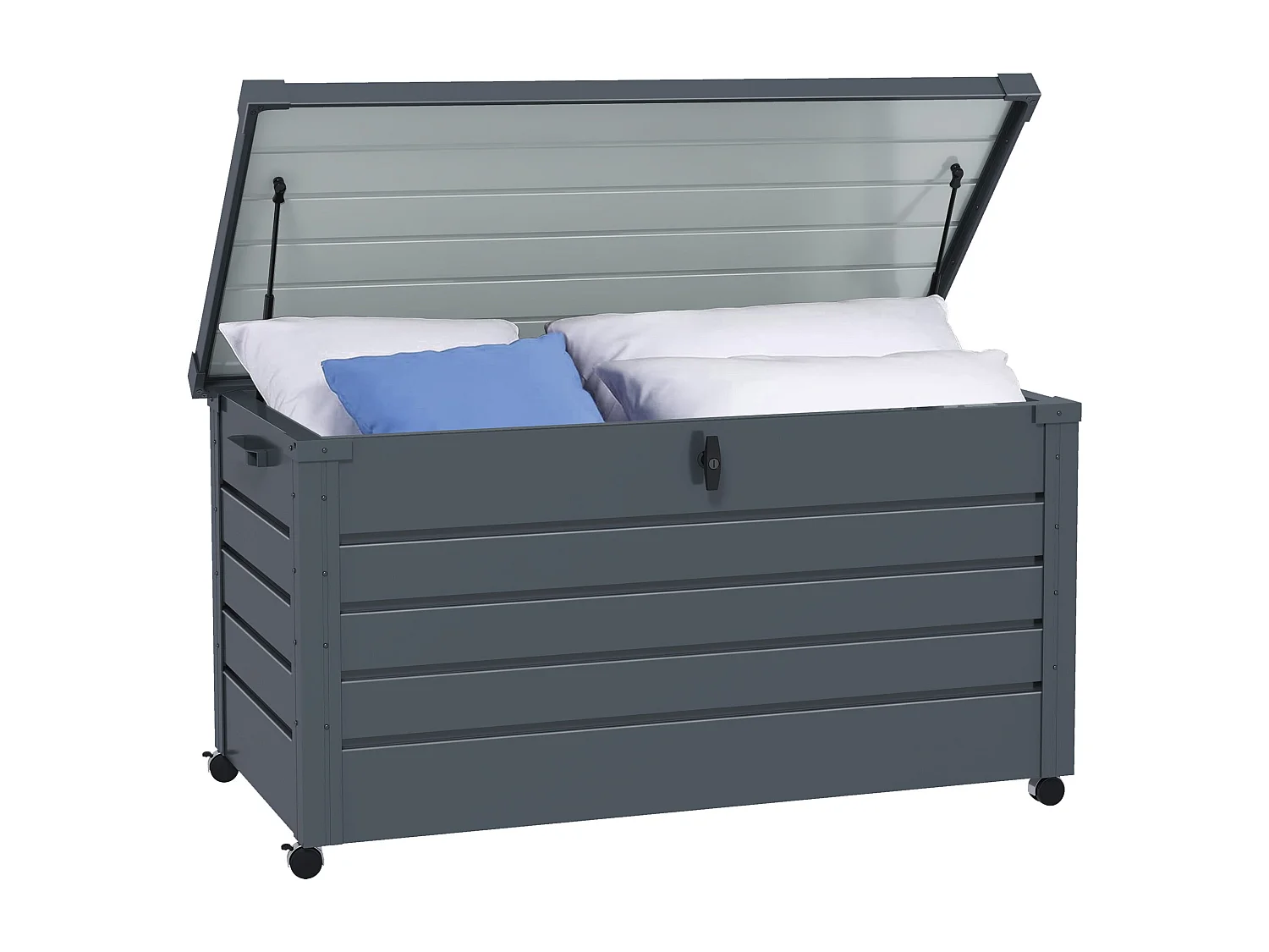 Coffre de jardin grande taille 311L verrouillable - roulettes, poignées, vérins gaz - acier anthracite