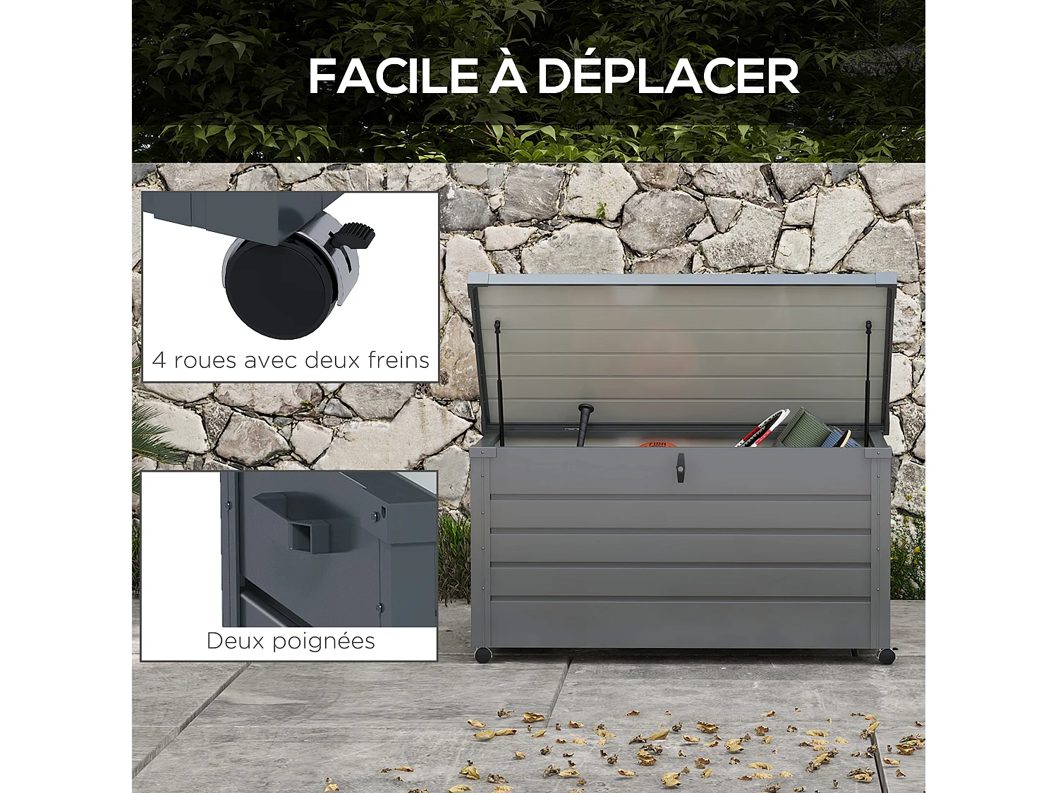 Coffre de jardin grande taille 311L verrouillable - roulettes, poignées, vérins gaz - acier anthracite