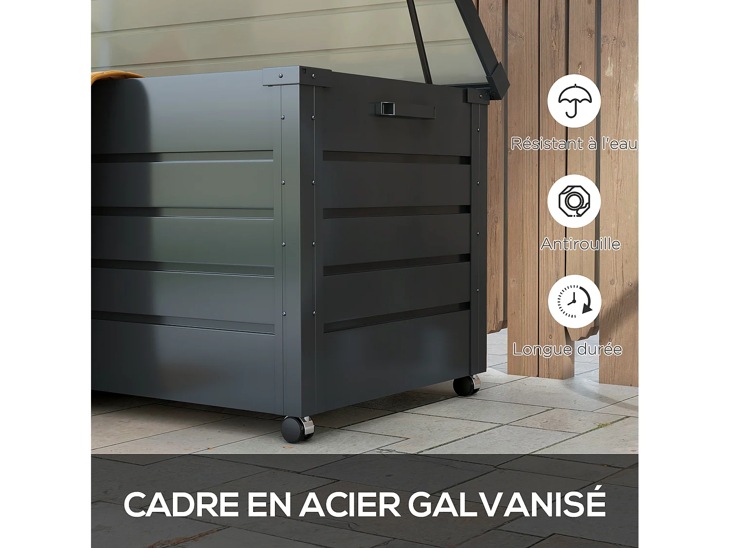 Coffre de jardin grande taille 311L verrouillable - roulettes, poignées, vérins gaz - acier anthracite