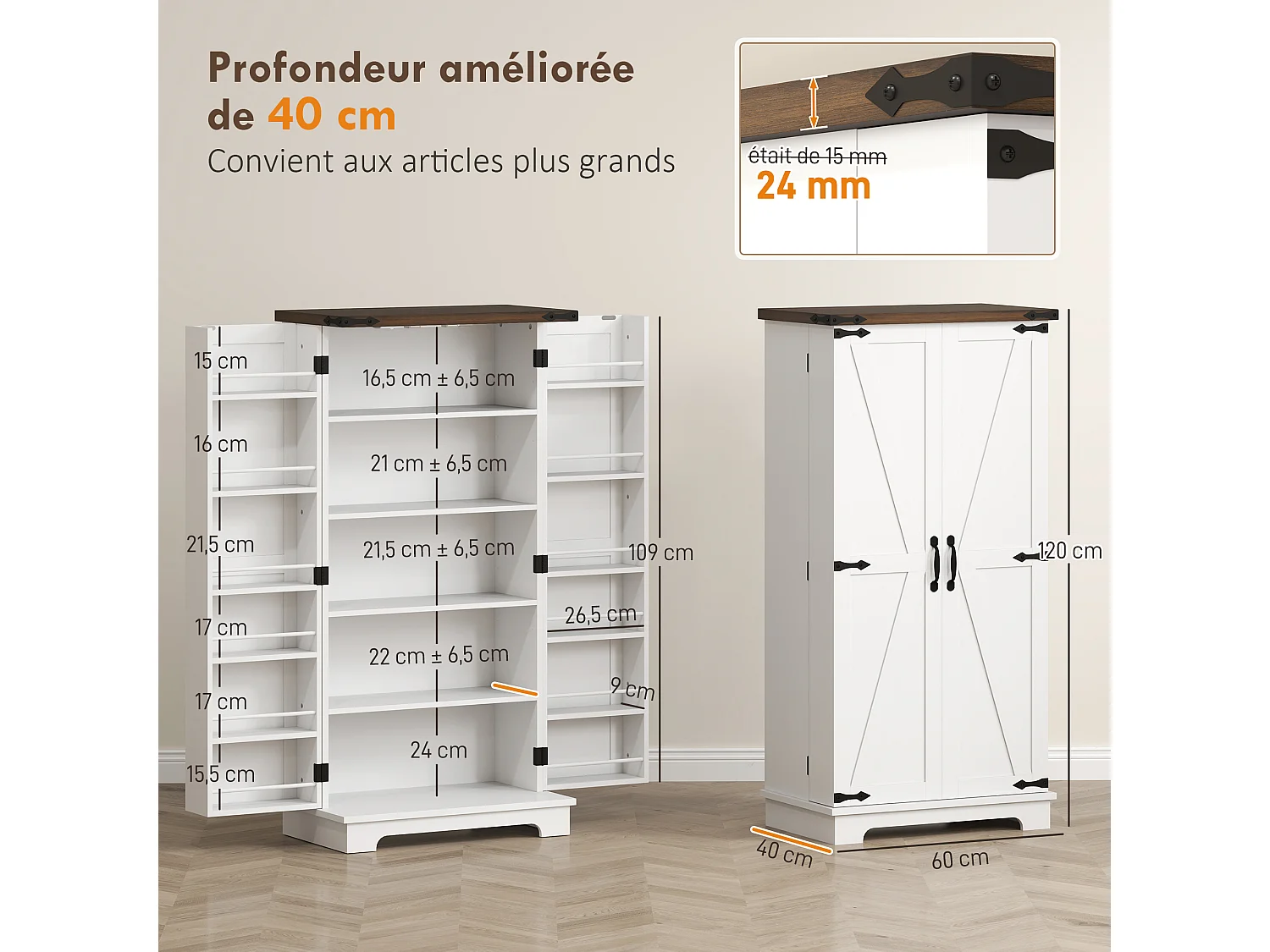 Buffet Cuisine HOMCOM LED Magnétique Porte de Grange Blanc 60x40x120cm