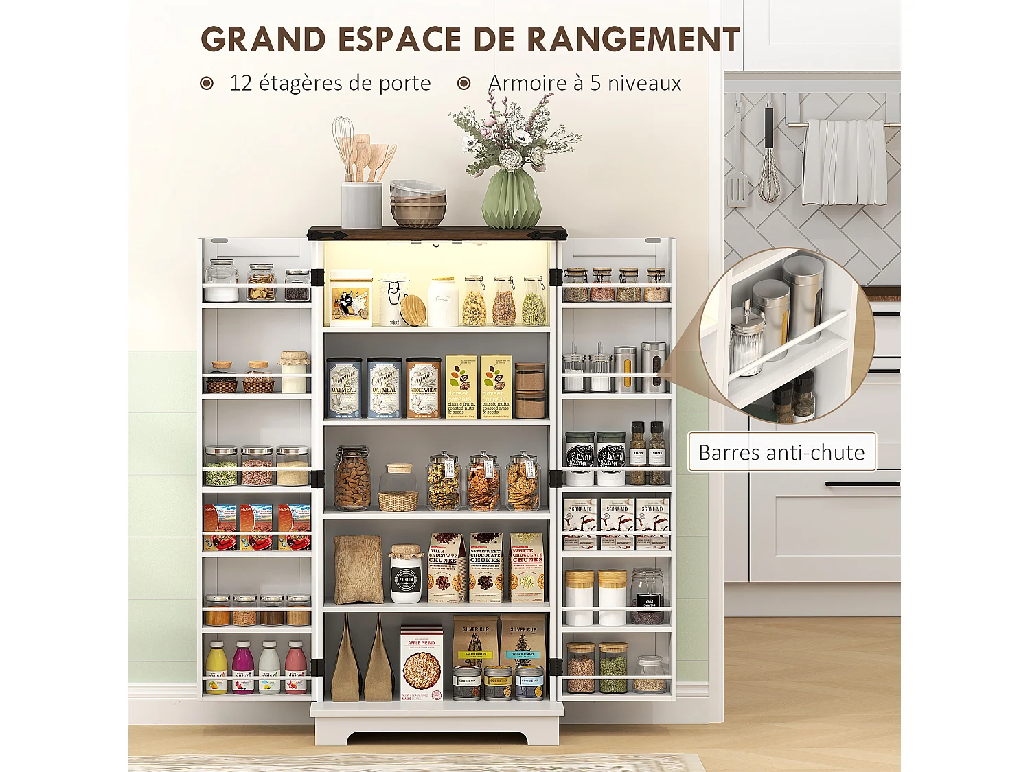 Buffet Cuisine HOMCOM LED Magnétique Porte de Grange Blanc 60x40x120cm