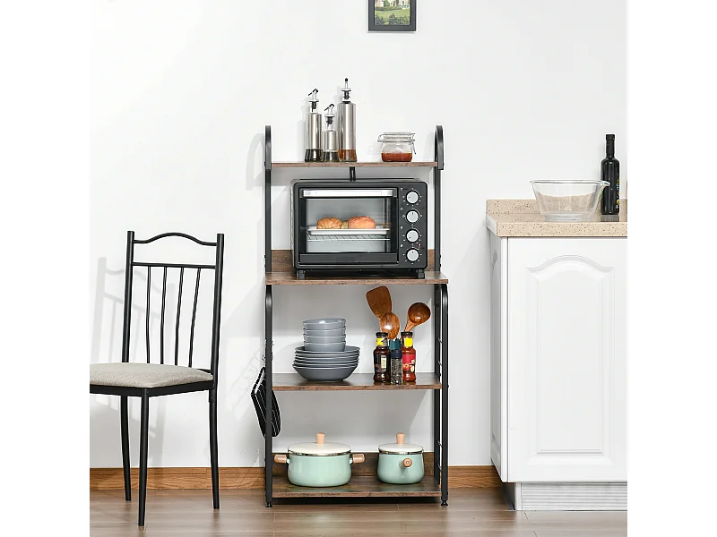 Étagères de cuisine - meuble micro-ondes - 3 étagères, plateau, crochets - métal noir aspect acajou