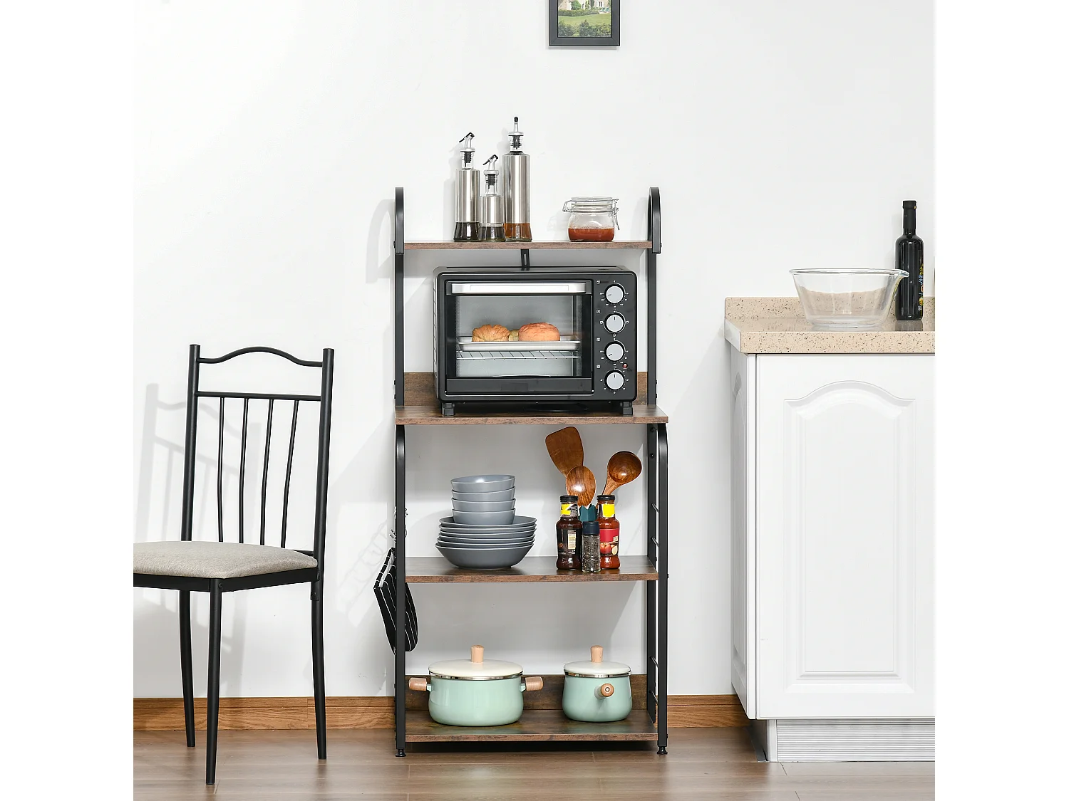 Étagères de cuisine - meuble micro-ondes - 3 étagères, plateau, crochets - métal noir aspect acajou