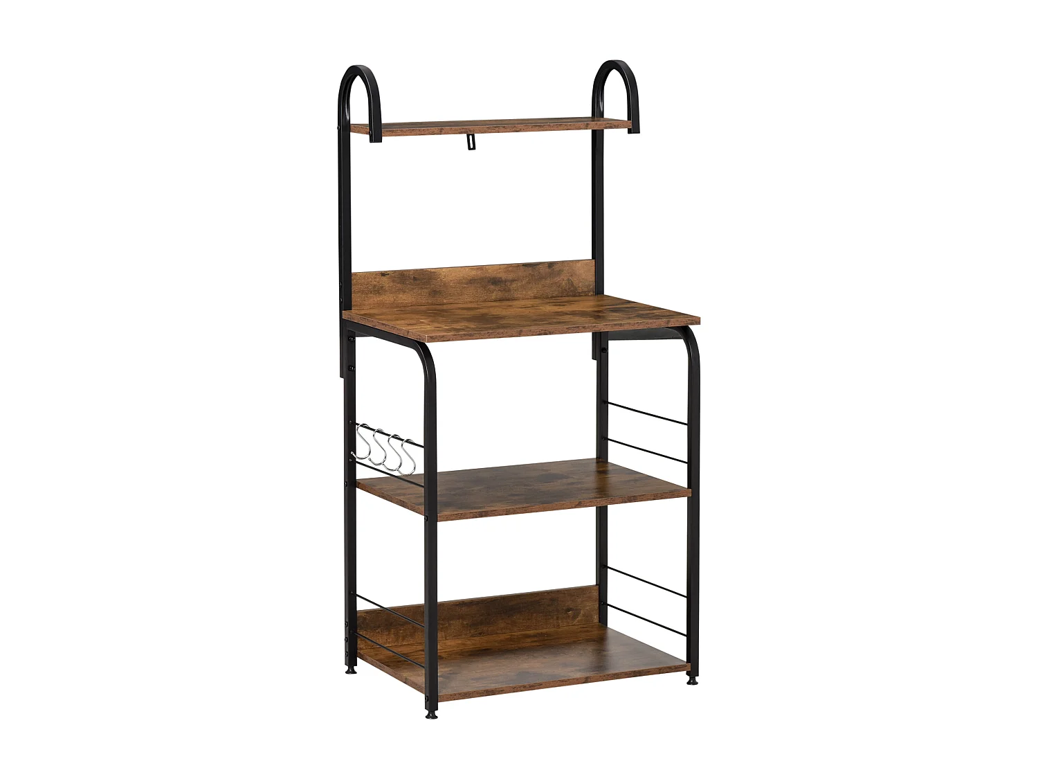 Étagères de cuisine - meuble micro-ondes - 3 étagères, plateau, crochets - métal noir aspect acajou