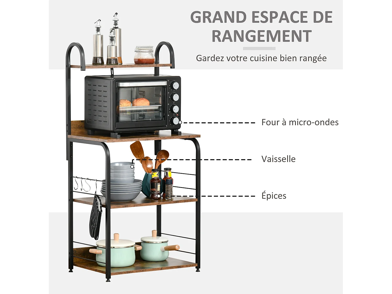 Étagères de cuisine - meuble micro-ondes - 3 étagères, plateau, crochets - métal noir aspect acajou