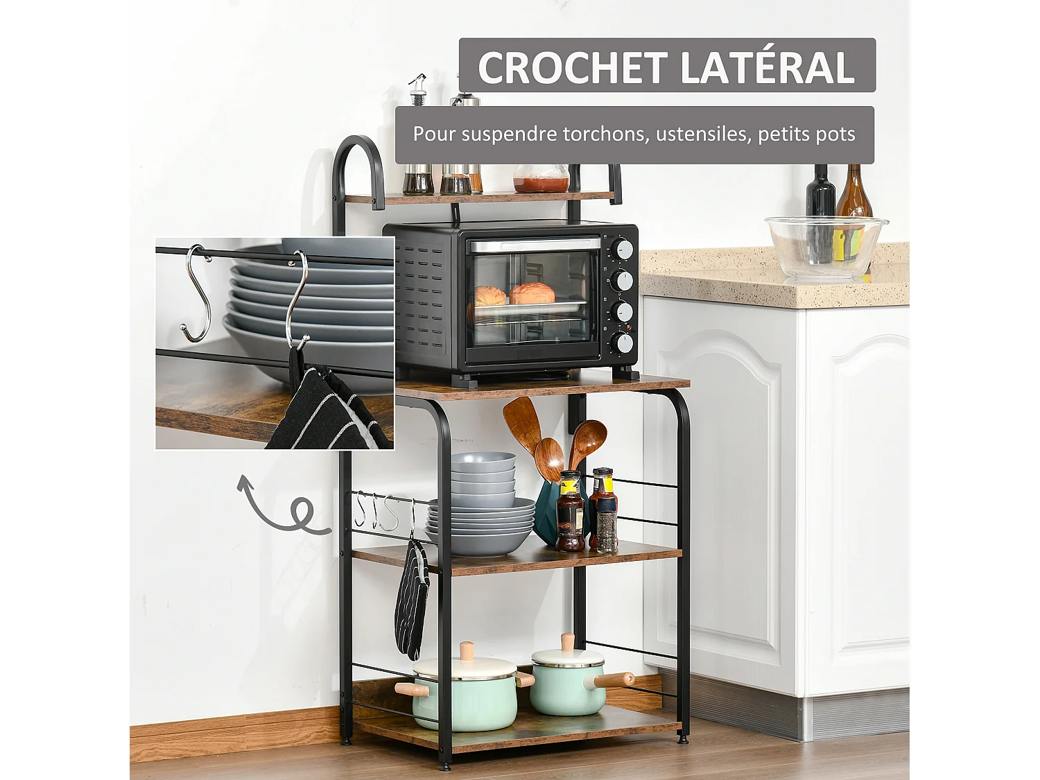 Étagères de cuisine - meuble micro-ondes - 3 étagères, plateau, crochets - métal noir aspect acajou