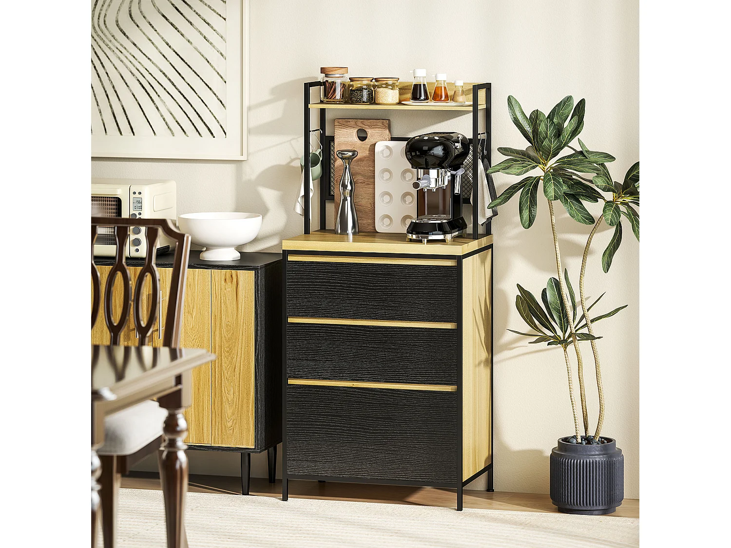 Rangement de cuisine - buffet style industriel 3 tiroirs, plan de travail, étagère, 4 crochets - métal effet bois noir clair