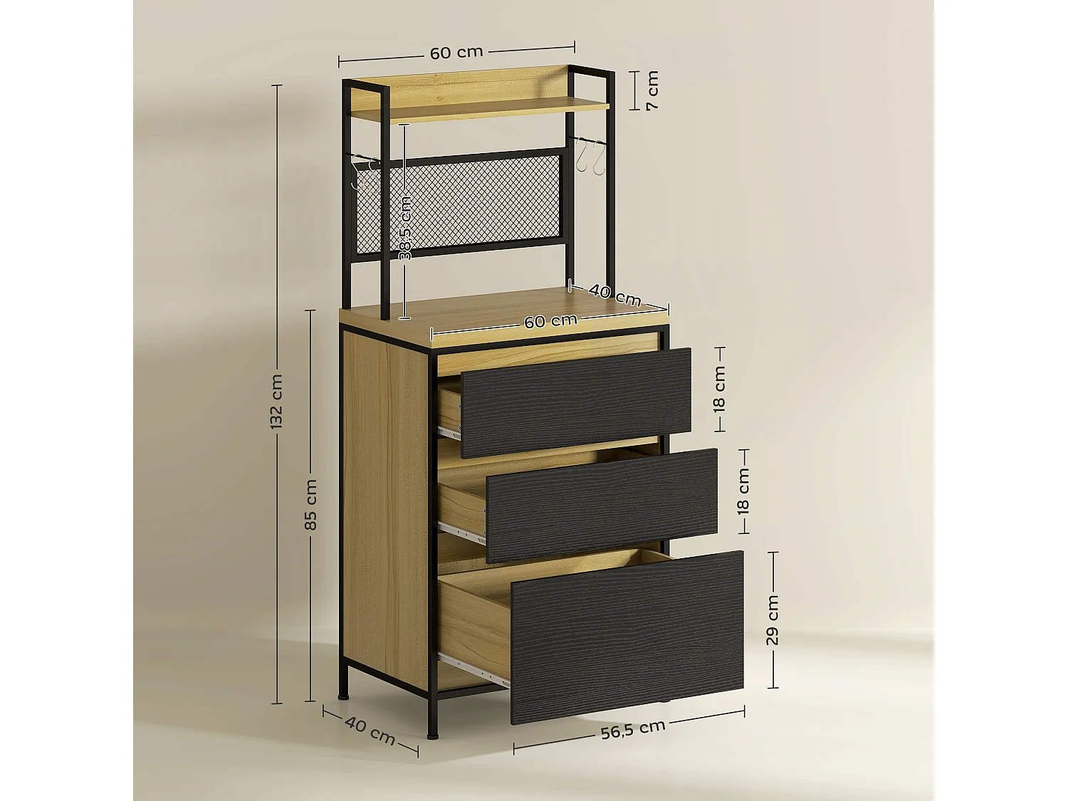 Rangement de cuisine - buffet style industriel 3 tiroirs, plan de travail, étagère, 4 crochets - métal effet bois noir clair