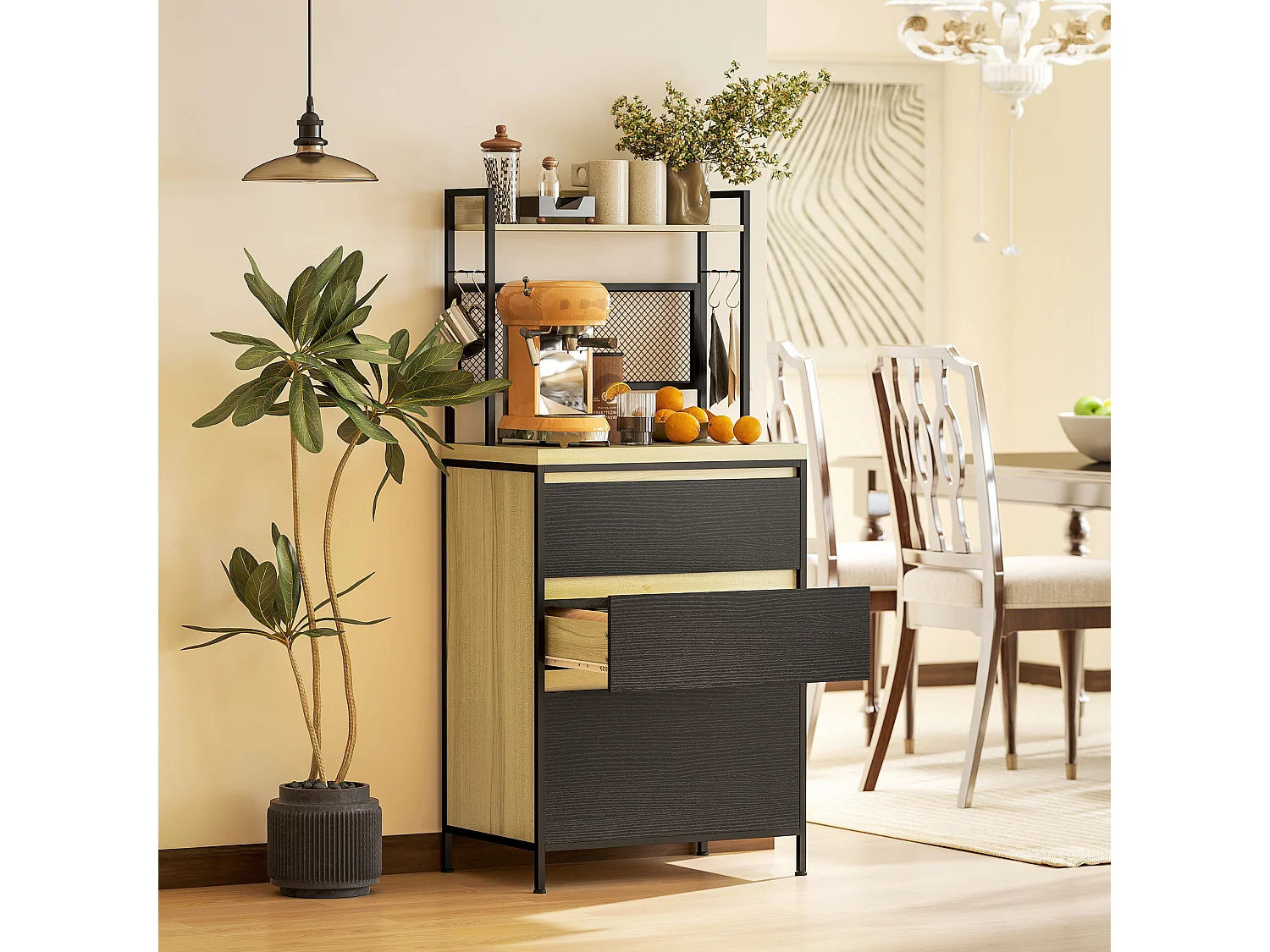 Rangement de cuisine - buffet style industriel 3 tiroirs, plan de travail, étagère, 4 crochets - métal effet bois noir clair