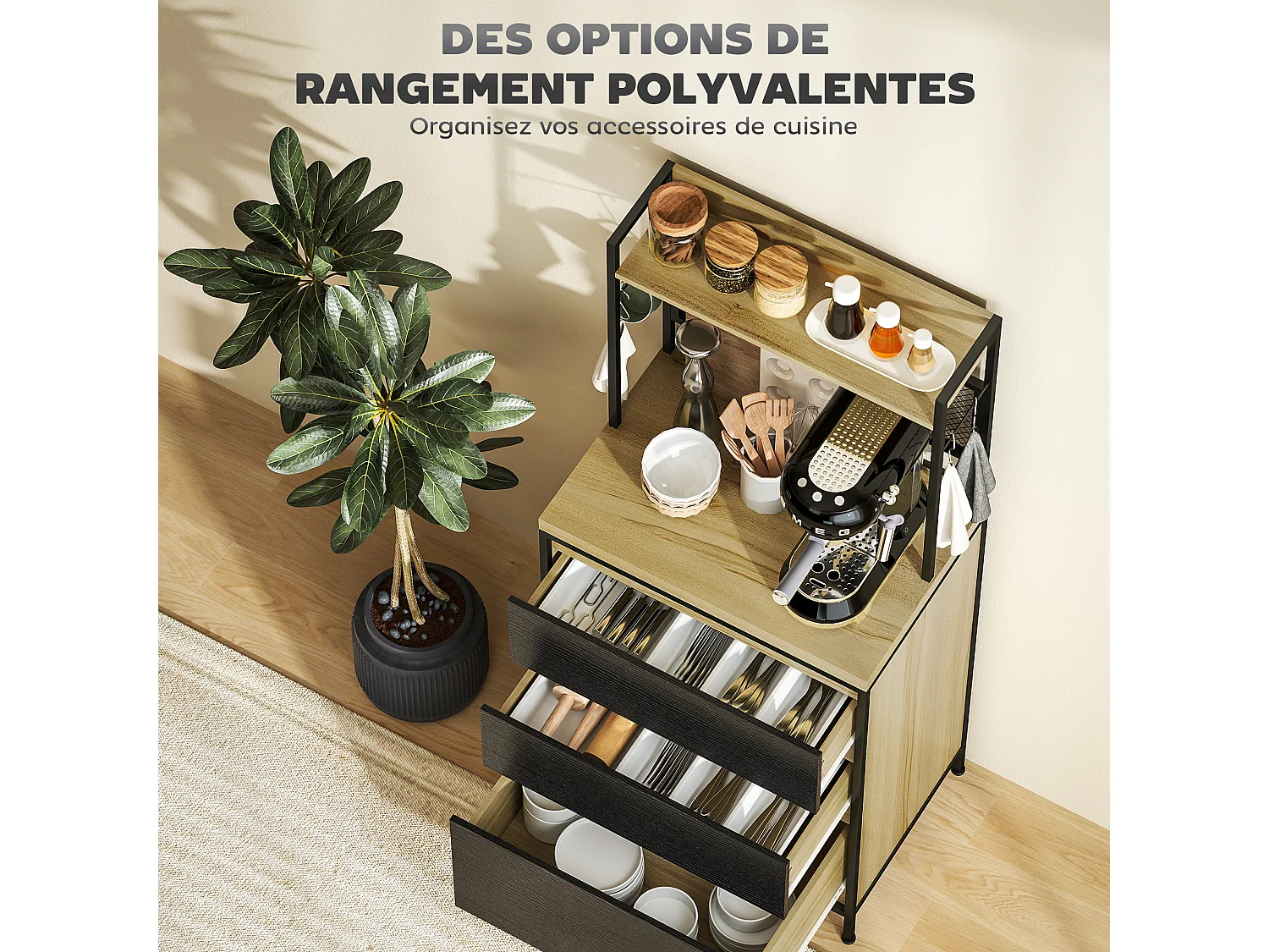 Rangement de cuisine - buffet style industriel 3 tiroirs, plan de travail, étagère, 4 crochets - métal effet bois noir clair