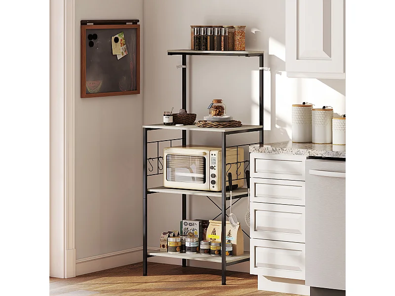 Étagère micro-ondes 8 crochets 4 étagères dim. 60 x 42 x 134,5 cm métal noir effet bois clair