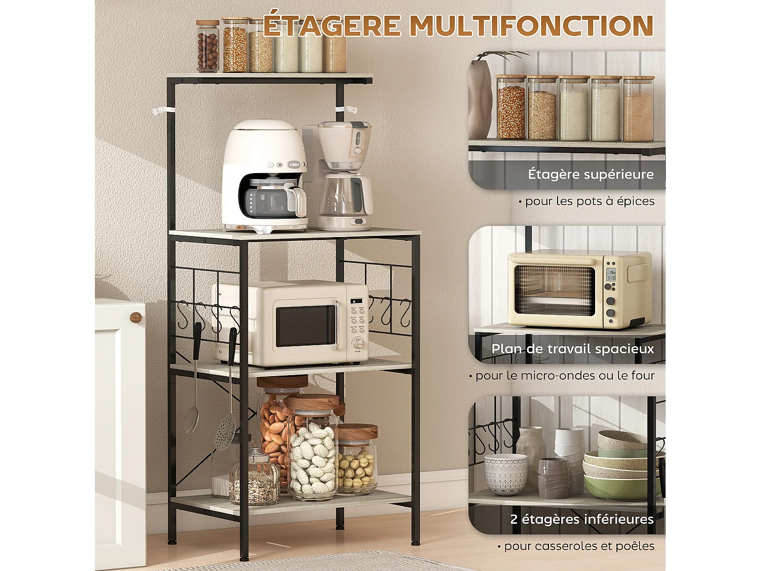 Étagère micro-ondes 8 crochets 4 étagères dim. 60 x 42 x 134,5 cm métal noir effet bois clair