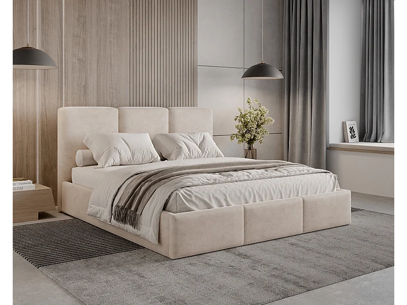BESILIO Łóżko tapicerowane z pojemnikiem 200x200 Elora - Łóżko slim, ozdobne wezgłowie, stelaż metalowy- Beżowy