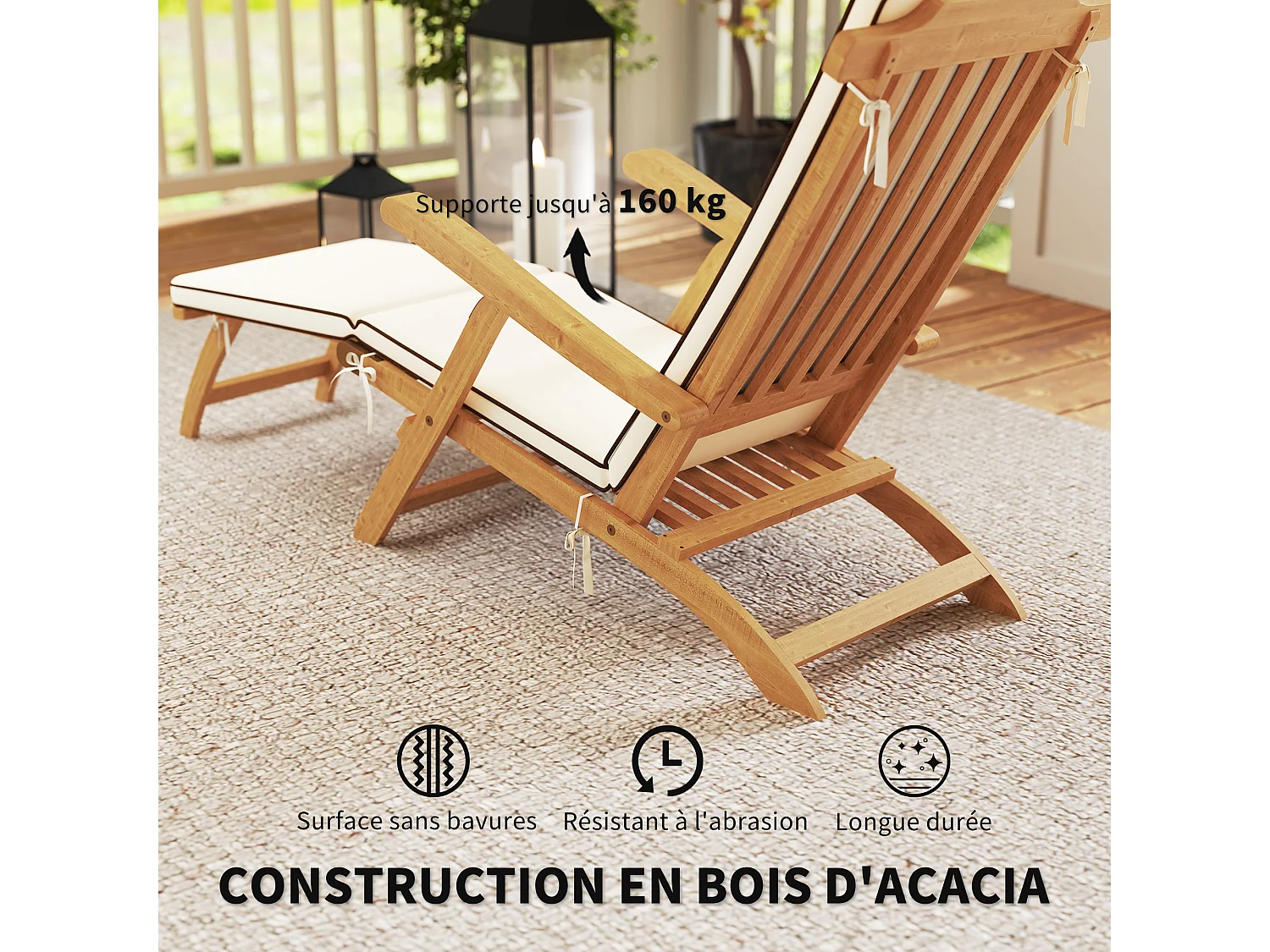 Chaise longue pliable en bois d'acacia verni avec matelas repose-pieds grand confort crème