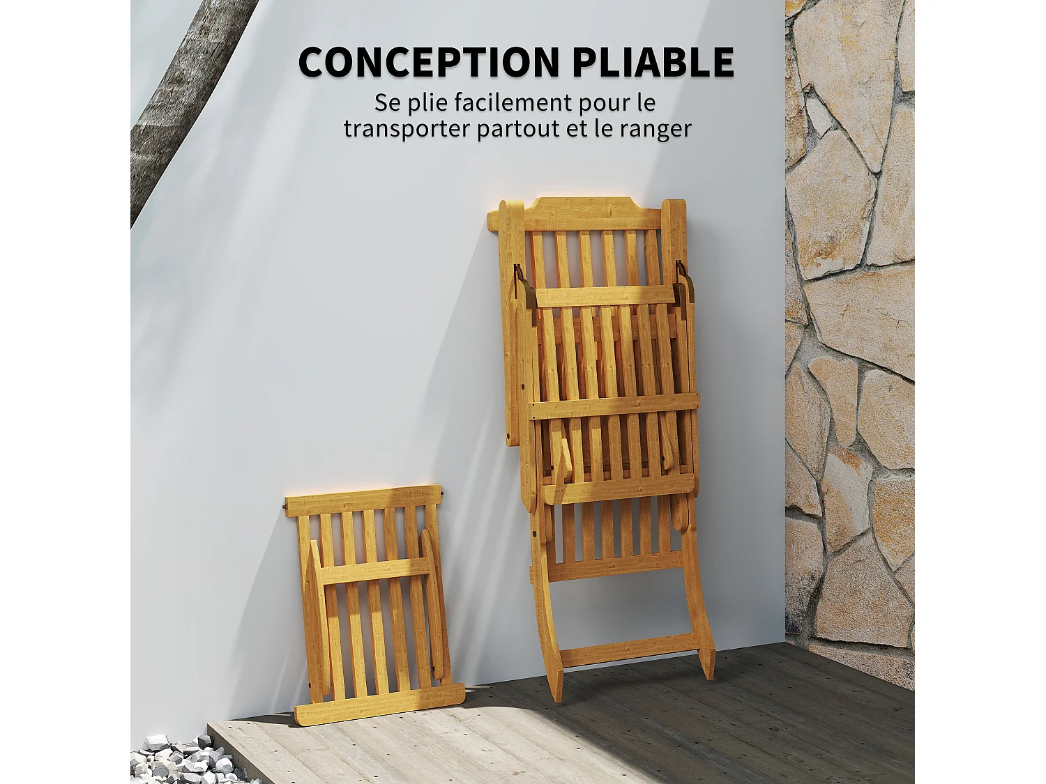 Chaise longue pliable en bois d'acacia verni avec matelas repose-pieds grand confort crème